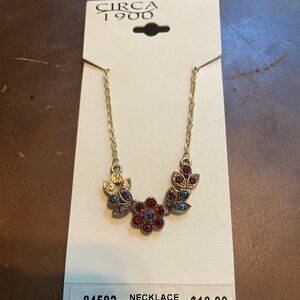 Modern Vintage Victorian Style Gold Tone Necklace Pendant w Red Blue Hued Stones